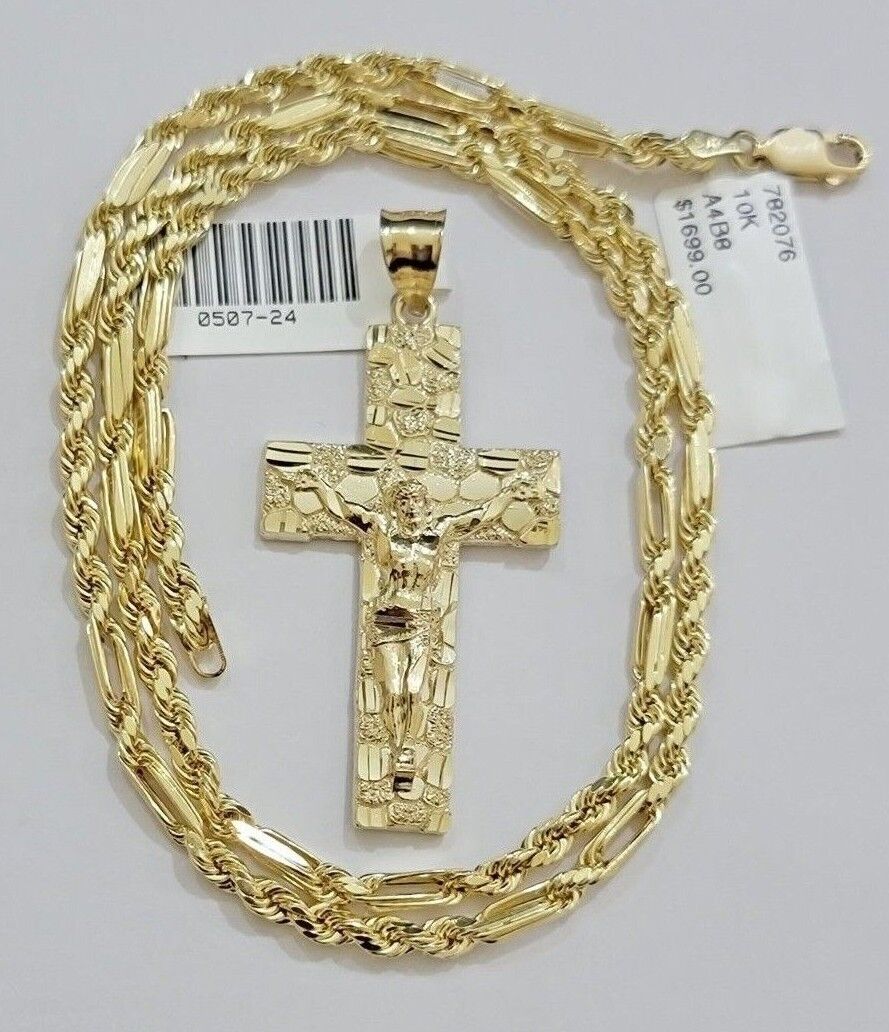 10kt Gold Milano Rope Chain Nugget Cross Charm Pendant Set 18 - 24'' Inch Necklace - GoldenlinQ